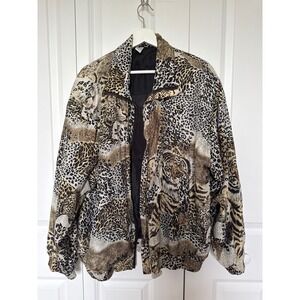 Vintage CoAco Silk Animal Print Bomber Jacket Tiger Leopard XL